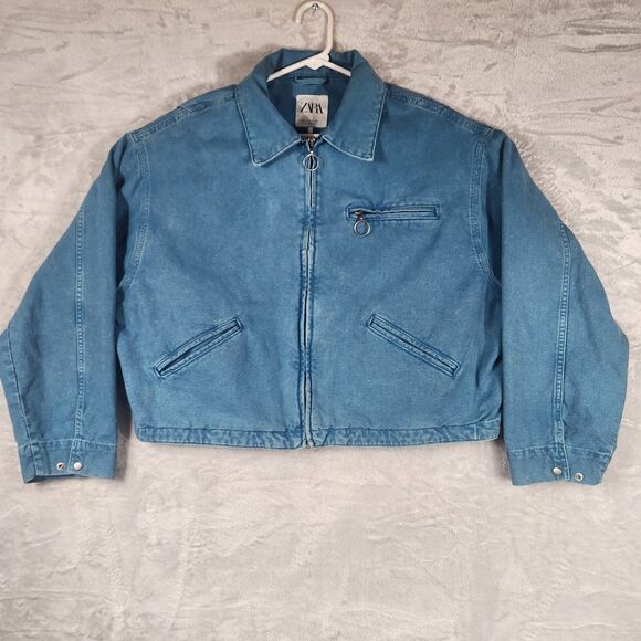 Zara Denim Cropped Jean Jacket Women's Medium Blue Casual Chic Cool Girl Preppy - Picture 1 of 7